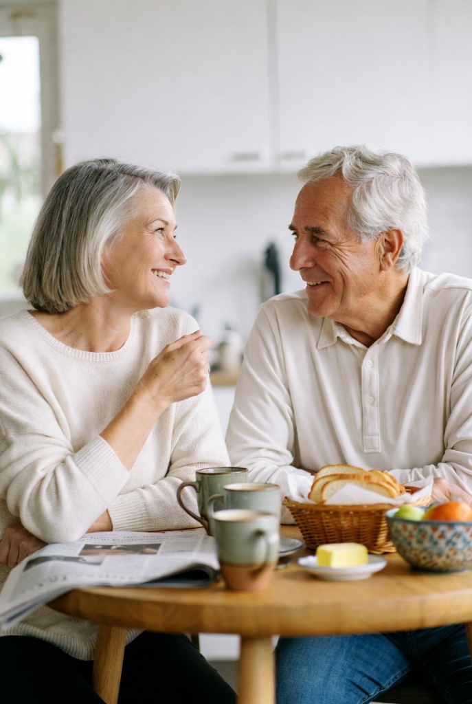 Active senior couple enjoying breakfast together