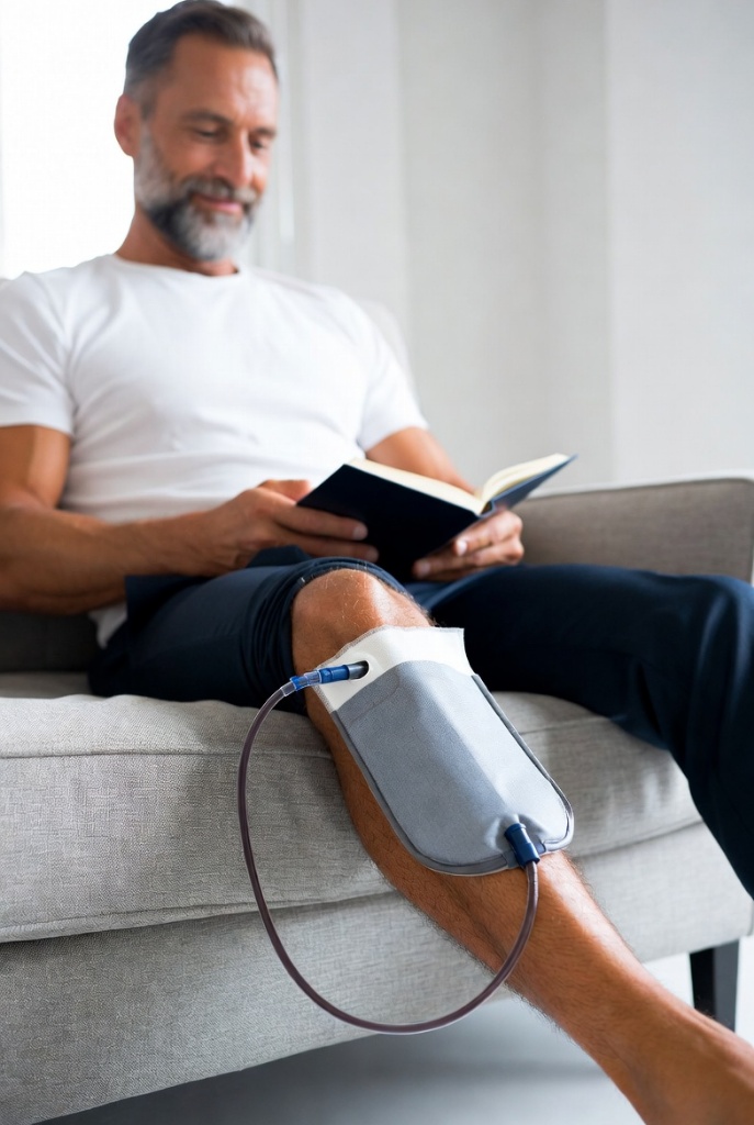 Man comfortably reading, demonstrating discrete urological supply use